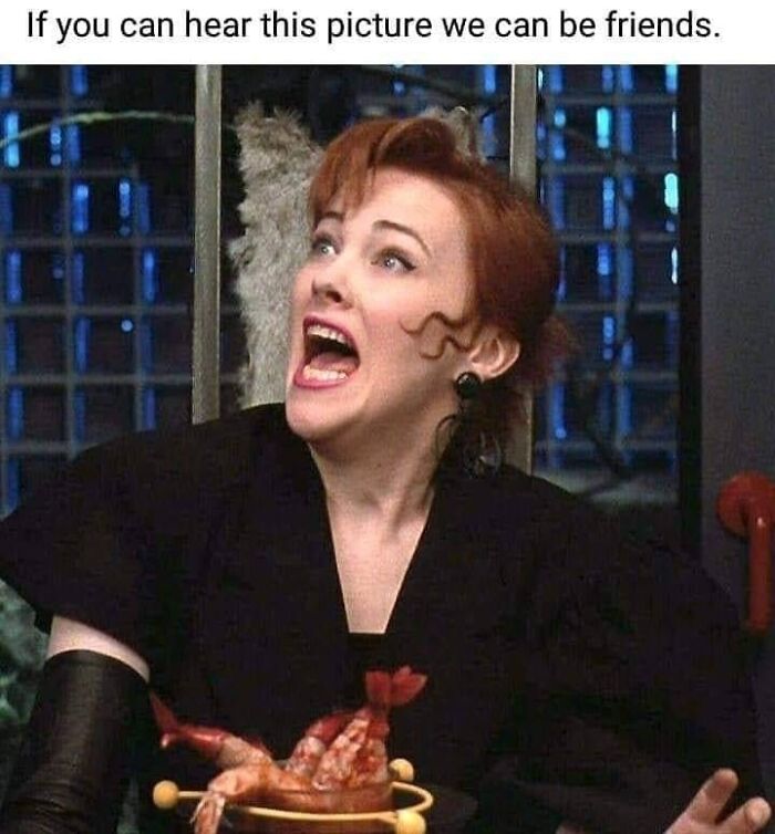 A nostalgic movie scene of Catherine O Hara screaming with food in the foreground
