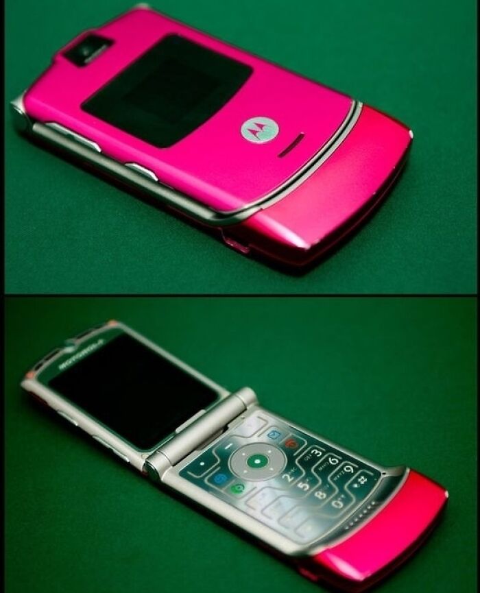 A nostalgic pink Motorola Razr flip phone shown both closed and open on a green background