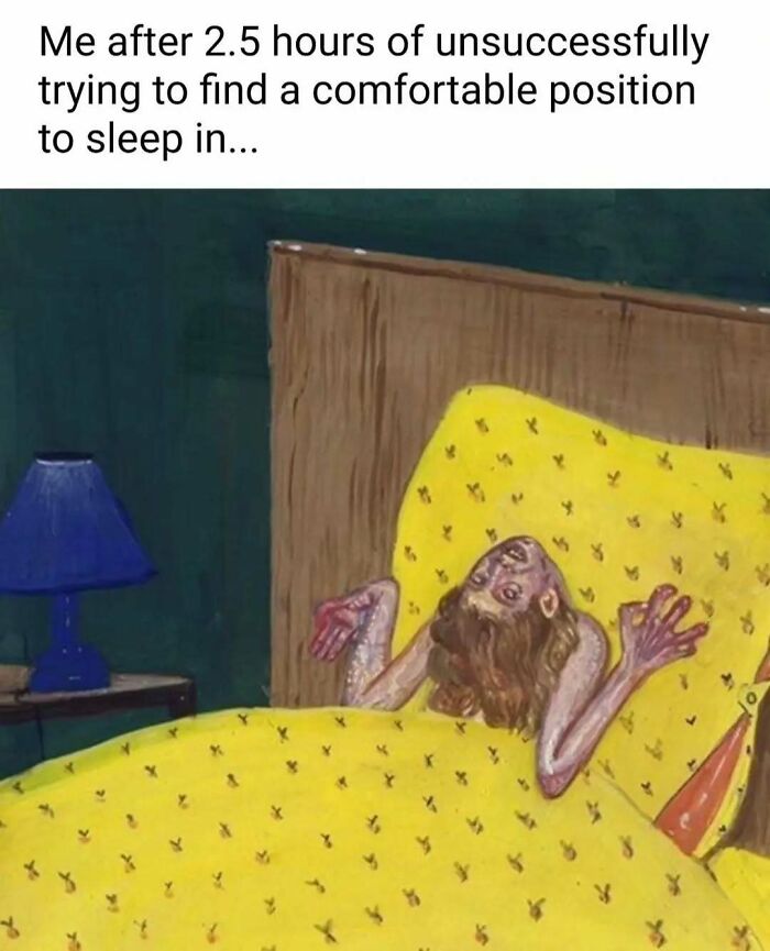 A funny classical art meme about trying to find a comfortable position to sleep in