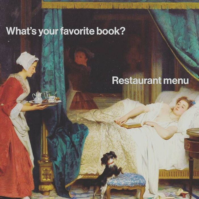 A painting of a woman in bed looking at a book with text showing classical art memes