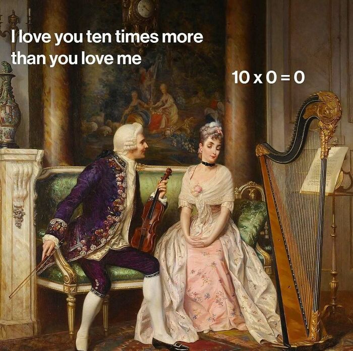 History and classical art meme depicting a man with a violin and a woman near a harp