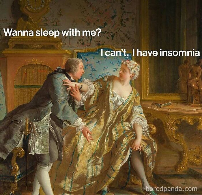 A classical art meme of a wealthy man and woman talking in a lavish room