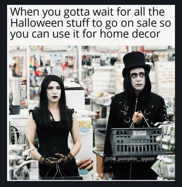 Spooky season meme featuring a gothic couple shopping in a store for year-round decor.