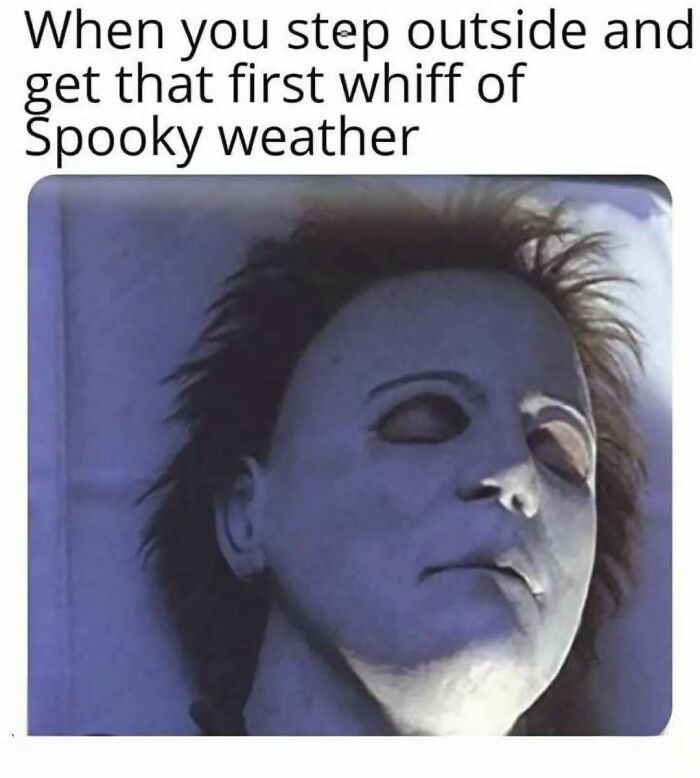 Michael Myers with eyes closed reacting to autumn, representing spooky season memes.