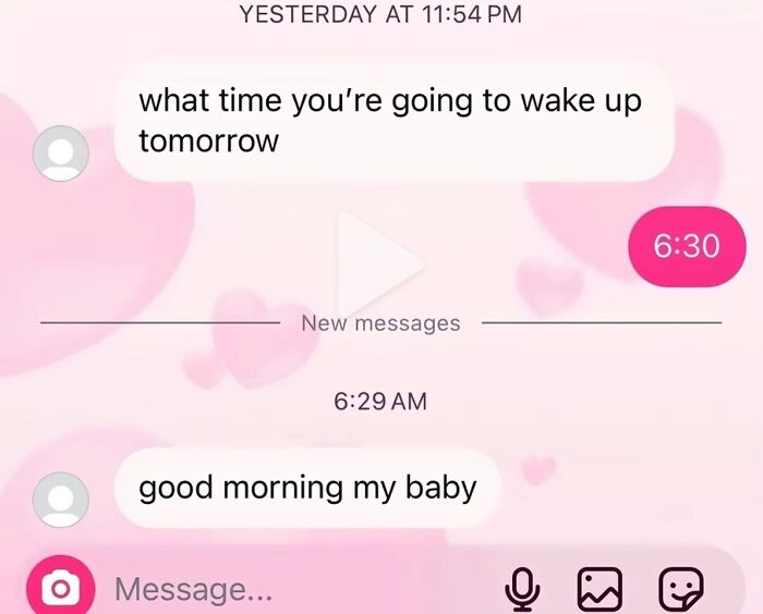 Awkward text screenshots featuring a late night message exchange asking about wake up time and sending a greeting