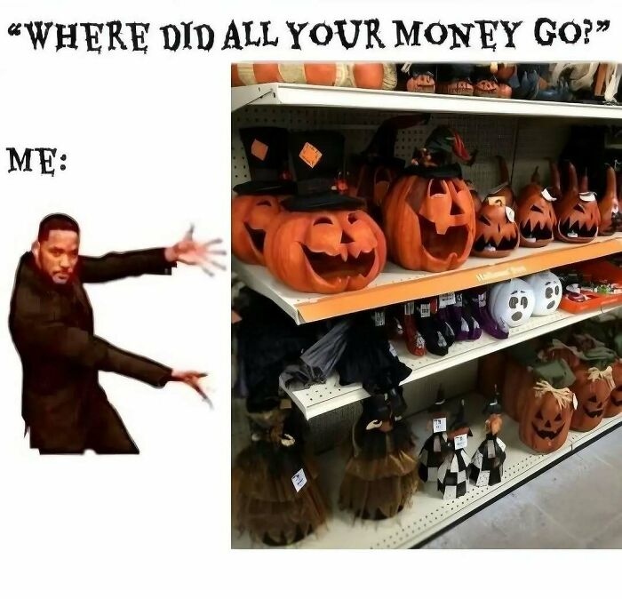 Will Smith presenting store shelves filled with Halloween decorations for spooky season memes.