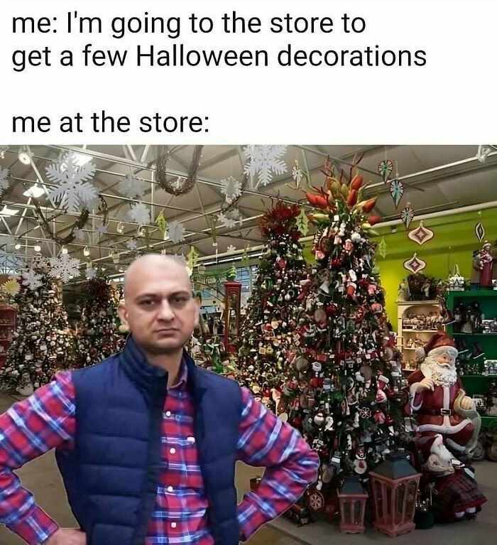 Disappointed man meme surrounded by Christmas trees for a funny spooky season meme.