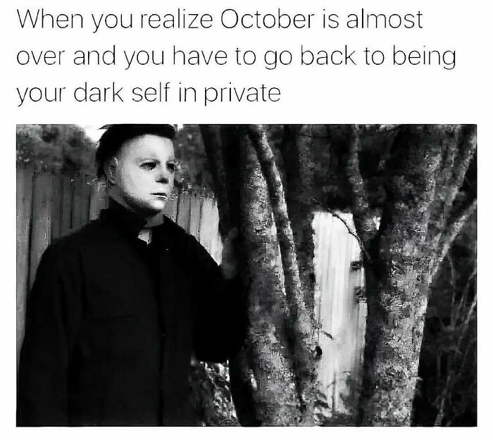 A spooky season meme with Michael Myers standing by a tree when October is almost over.