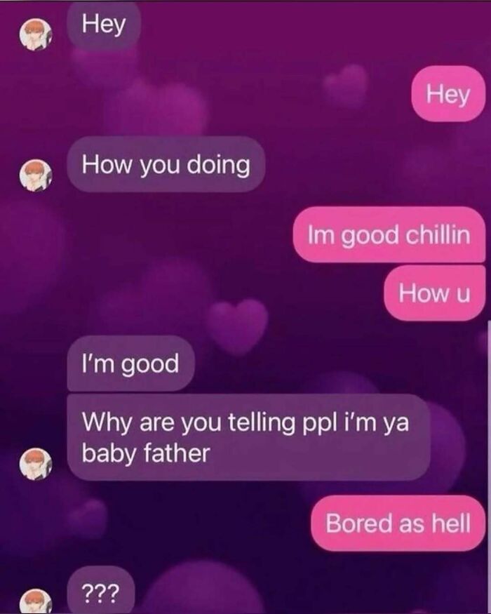 Awkward text screenshots of a conversation where someone casually admits to spreading rumors out of boredom