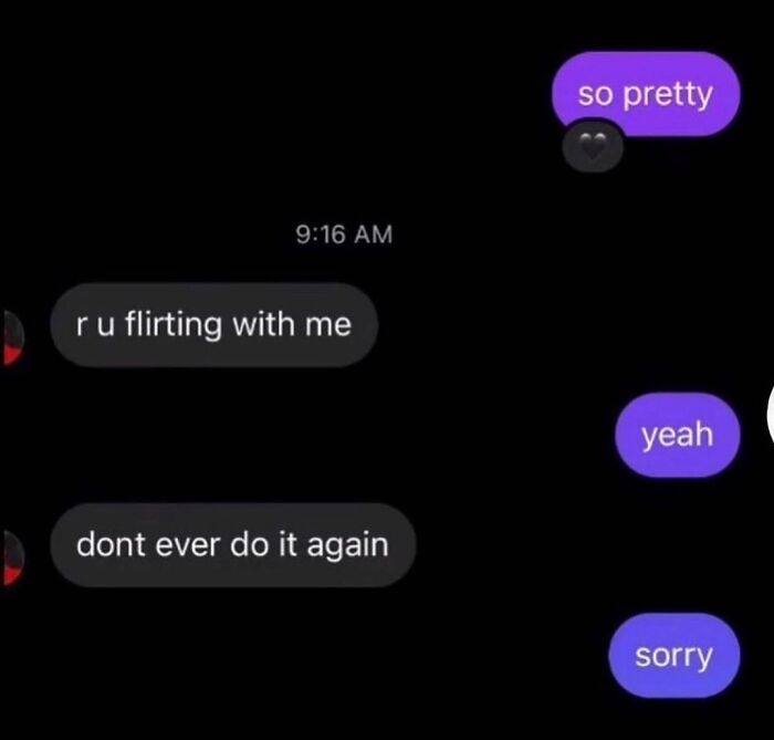 Awkward text screenshots showing a failed flirting attempt and a quick apology.