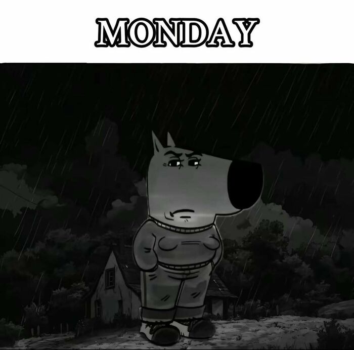 Sad cartoon character standing in the rain, a perfect monday meme
