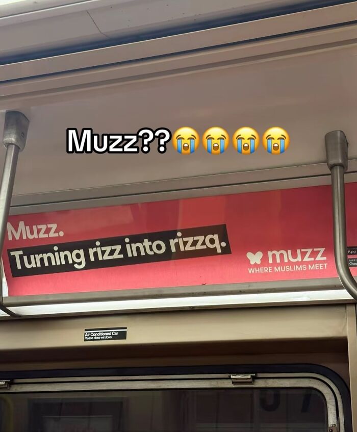 An ad in a subway for Muzz with the slogan turning rizz into rizzq