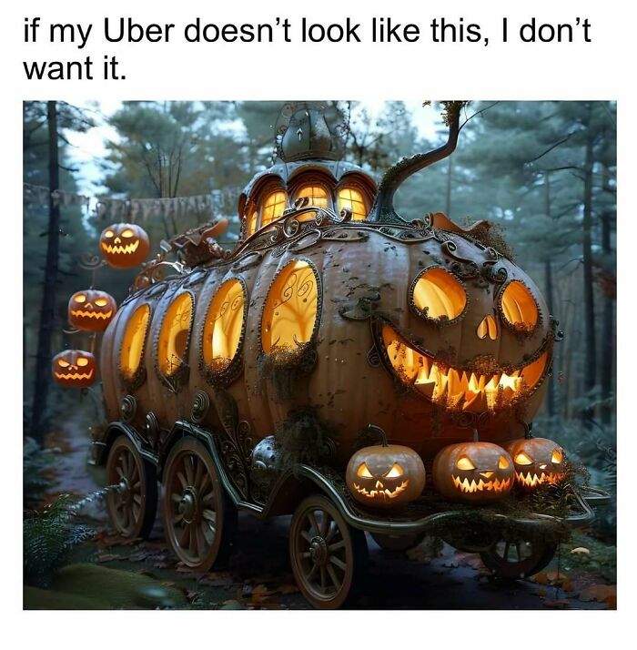 Spooky season meme showing a glowing, carved jack-o-lantern pumpkin carriage in a misty forest.