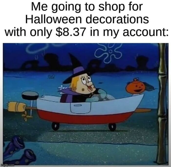 Spooky season meme of SpongeBob driving a boat to buy Halloween decorations with no money.