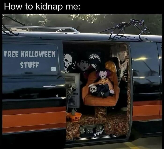 Spooky season meme showing a van labeled free Halloween stuff filled with decorations.