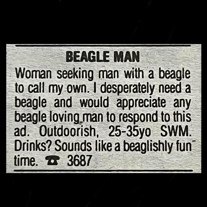 Vintage personal ad from a woman seeking a man with a beagle to look for love.