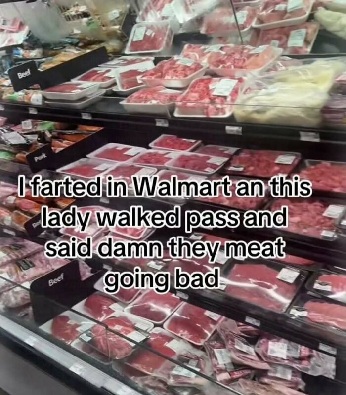 Meat section in Walmart with humorous text about bad smell