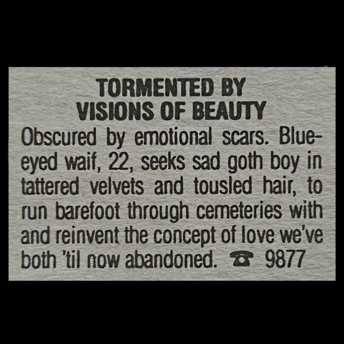 A poetic vintage personal ad from the past written by a woman seeking a goth partner.
