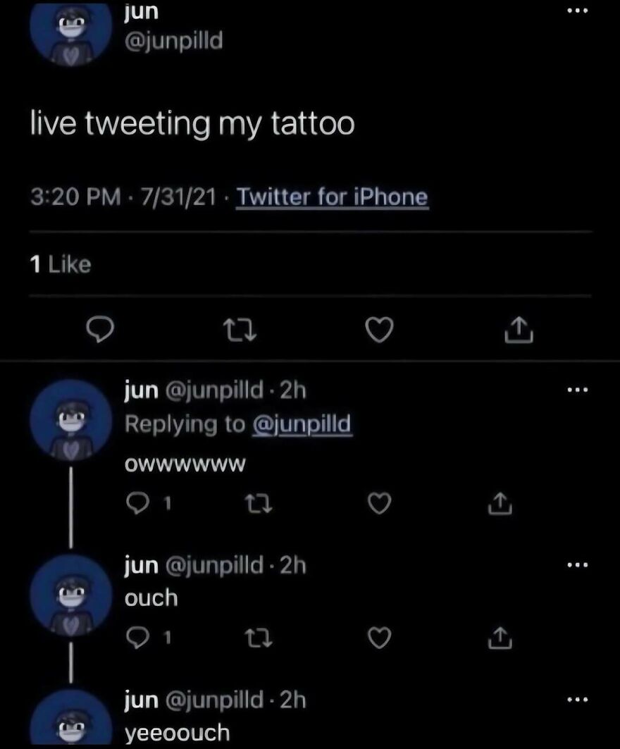 A funny Twitter thread live tweeting a tattoo session, featured in out-of-context pics.