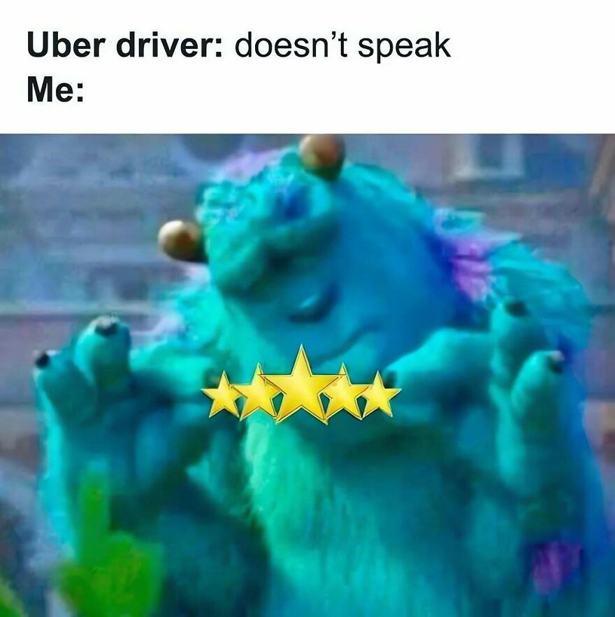 Funny out-of-context pics meme of Sulley giving a five-star rating to a silent Uber driver.