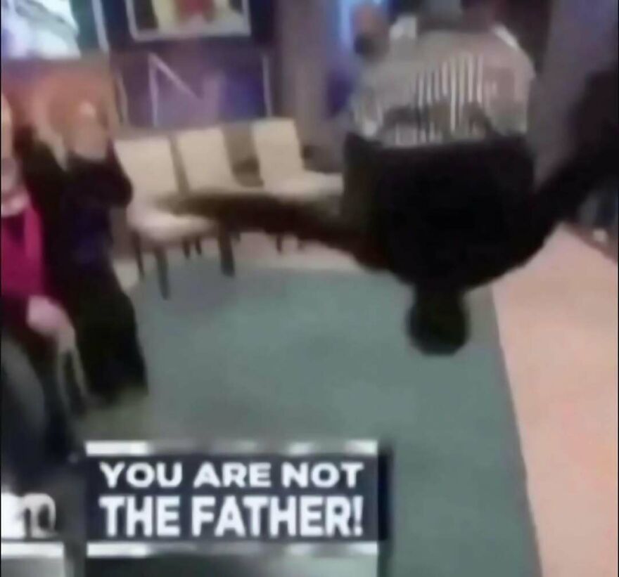 A blurry image of a backflip with text reading YOU ARE NOT THE FATHER from out-of-context pics.