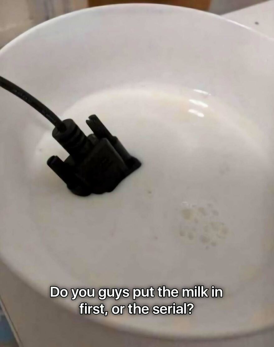 A funny out-of-context pic showing a black serial cable dipped in a bowl of milk with a pun caption about cereal.