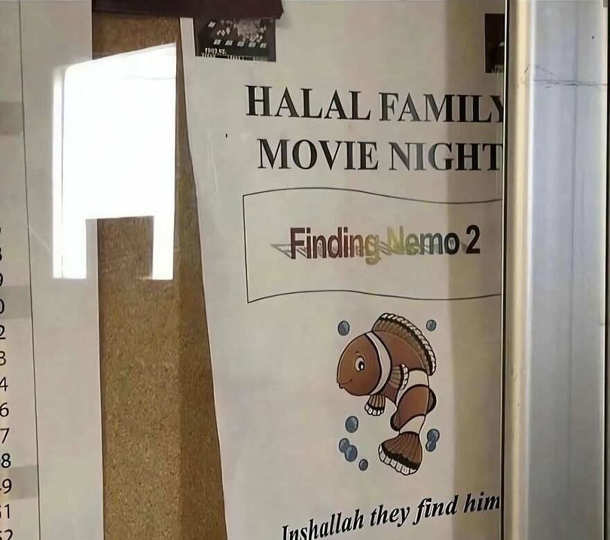 Out-of-context flyer advertising a Halal Family Movie Night for Finding Nemo 2