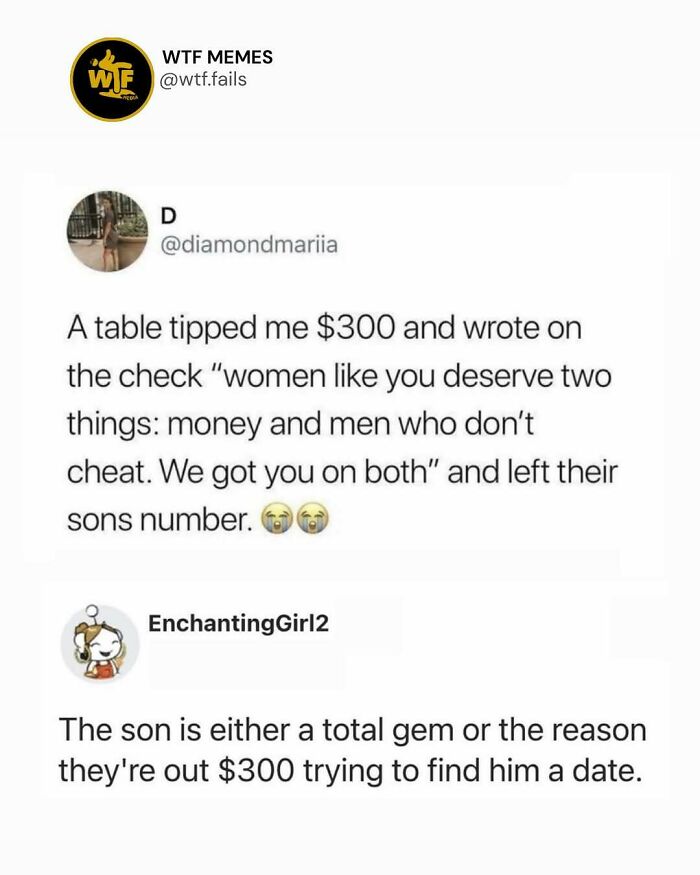 Fun posts social media screenshot about a large tip left at a restaurant with a humorous reply about dating