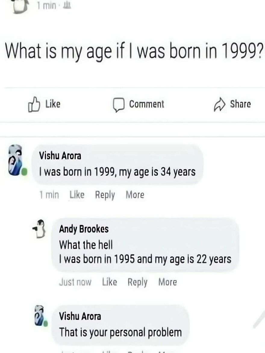 Funny screenshot of out-of-context social media comments discussing birth years and ages