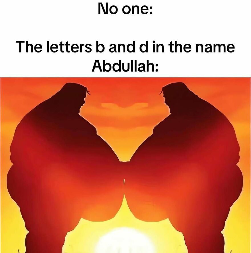 An out-of-context pic meme showing two large mirrored silhouettes touching back to back against a sunset.