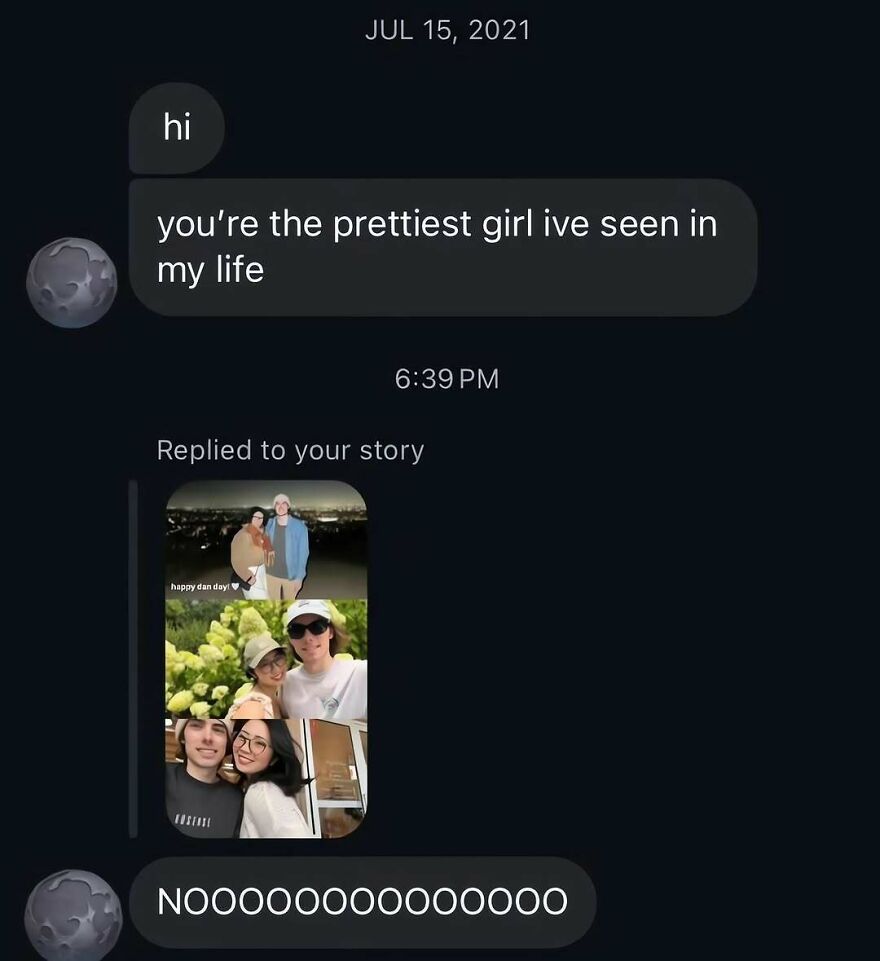 Social media direct message where a compliment is ruined after seeing photos of the girl with her boyfriend.