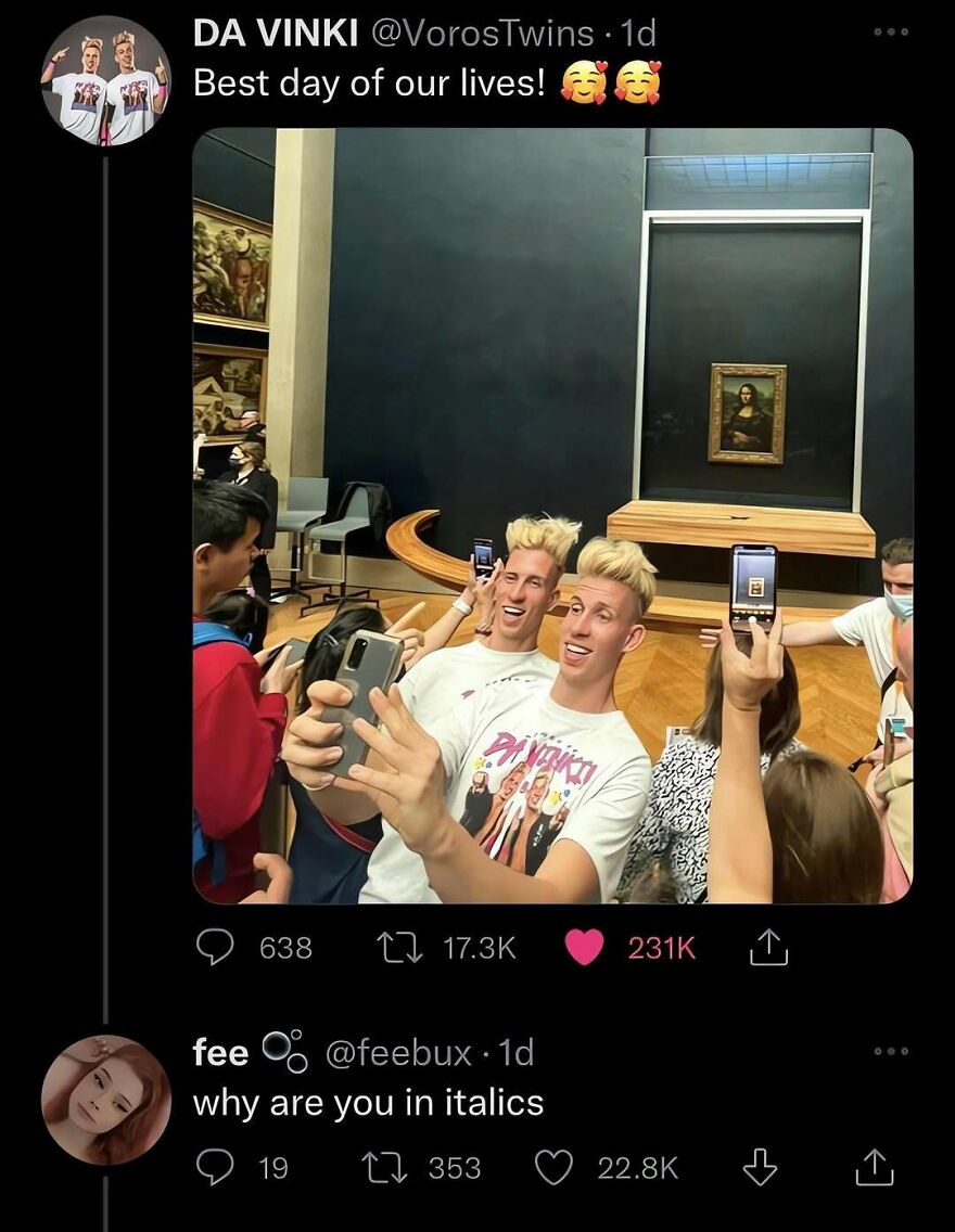A social media post with out-of-context pics showing blonde twins taking a selfie in front of the Mona Lisa.