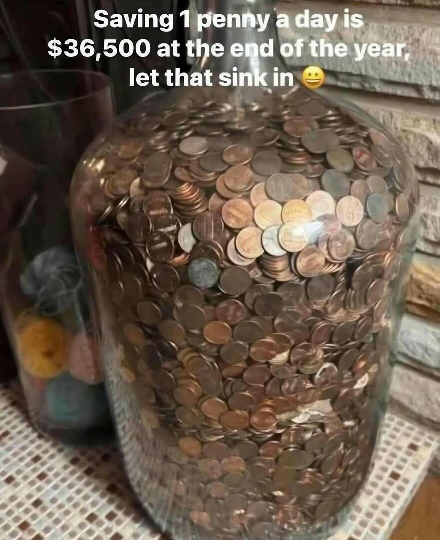 A glass jar filled with coins with incorrect math text, from out-of-context pics.