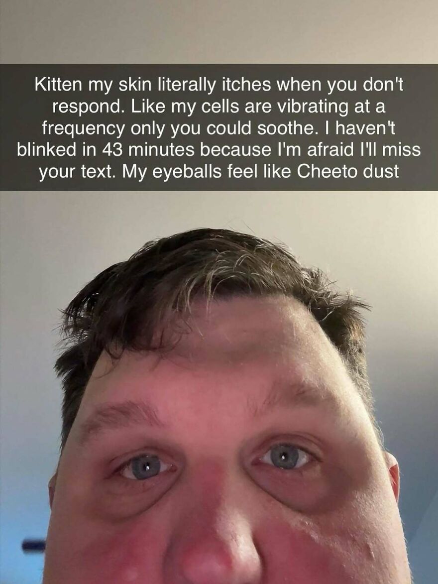 An out-of-context pic of a man taking a close-up selfie with a humorous text caption overlaid above him.