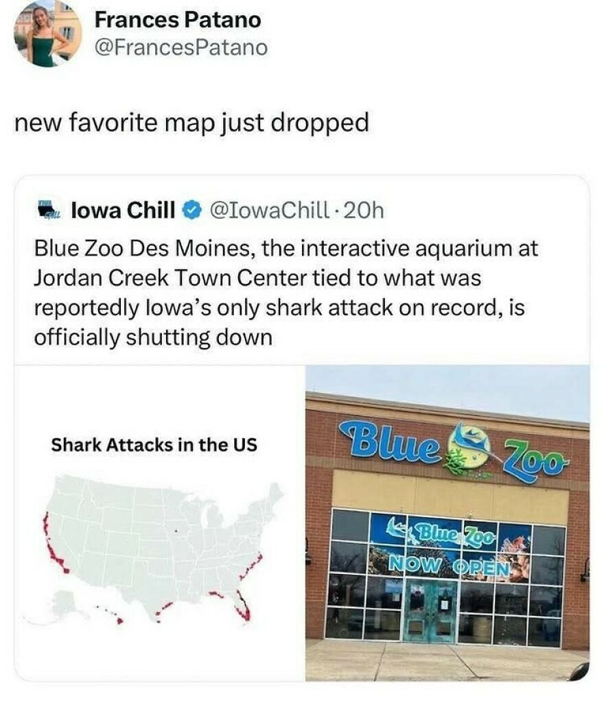 A social media screenshot featuring a US map of shark attacks as an out-of-context pic next to a Blue Zoo store.