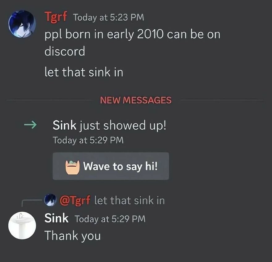 Discord screenshot joke about letting a sink in, featured in out of context pics.