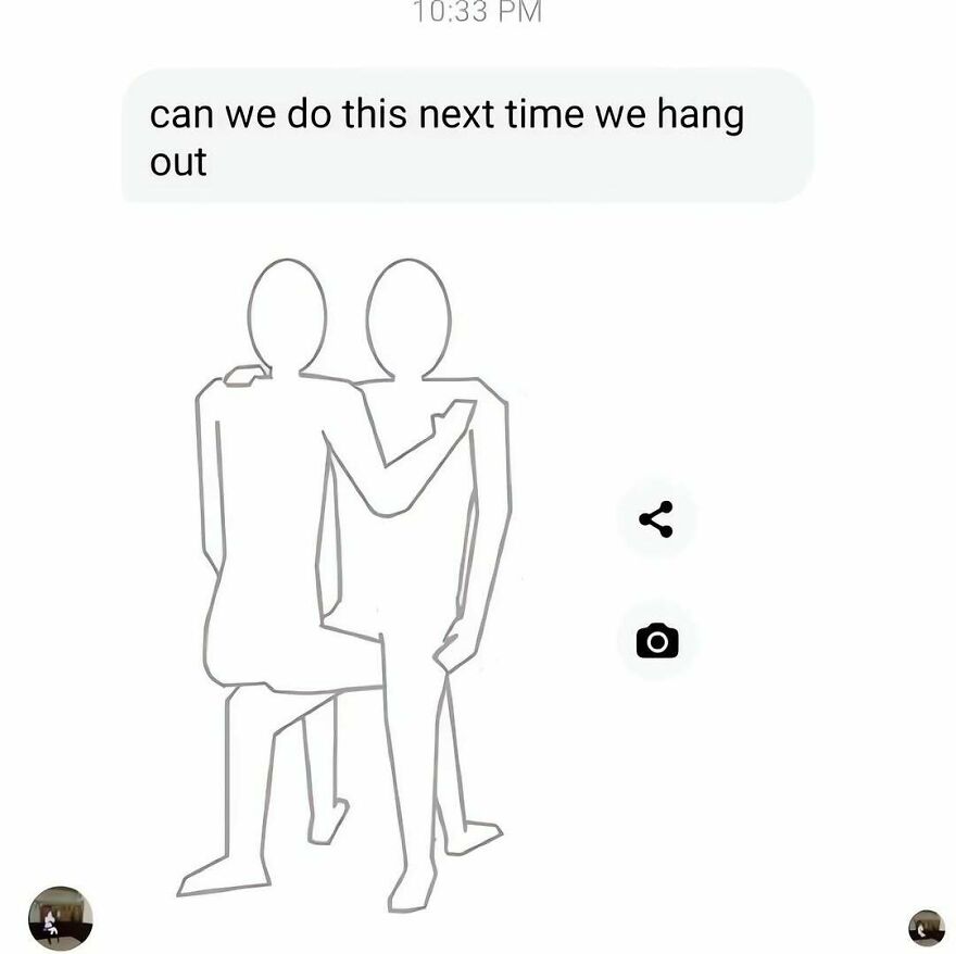 Simple stick figure drawing showing an awkward embrace, perfect for out of context pics about modern dating.