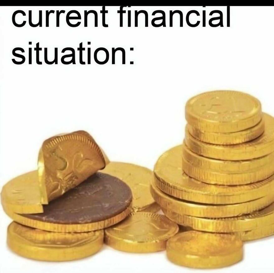 Out-of-context pics showing chocolate gold coins with peeled foil representing money