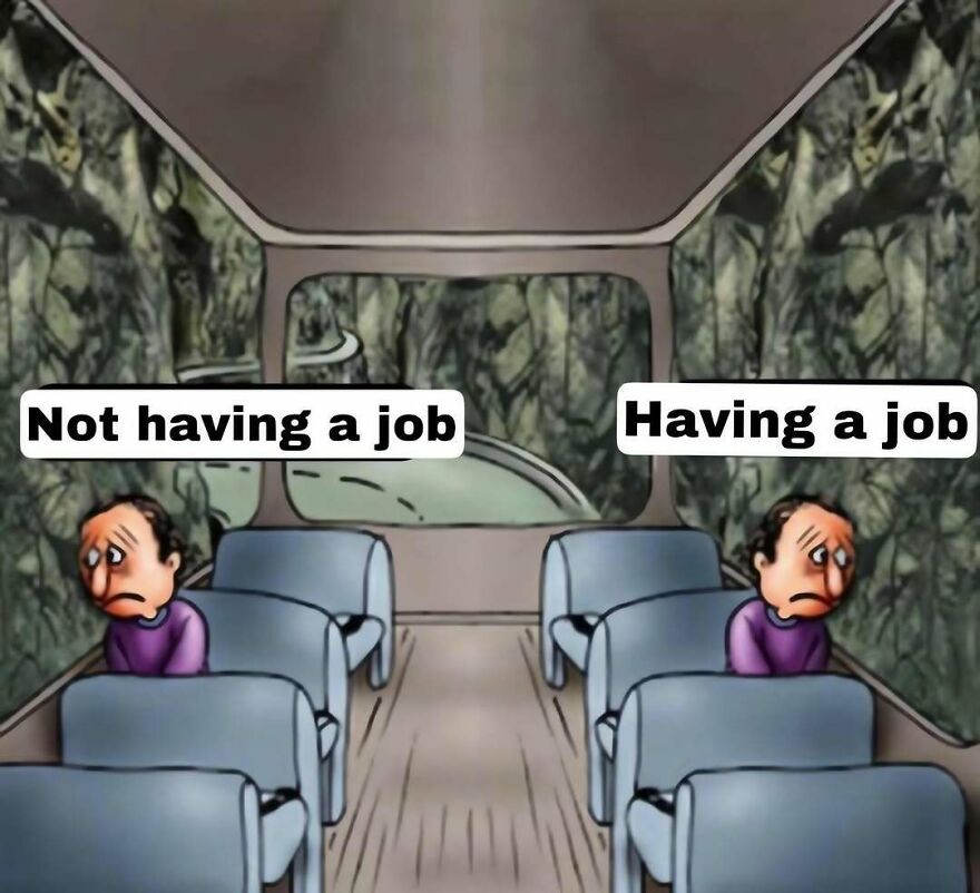 Bus meme showing sad passengers on both sides, used as out of context pics about employment status.