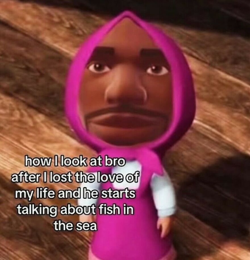 Out-of-context pics of a funny video game character wearing a pink hood staring blankly