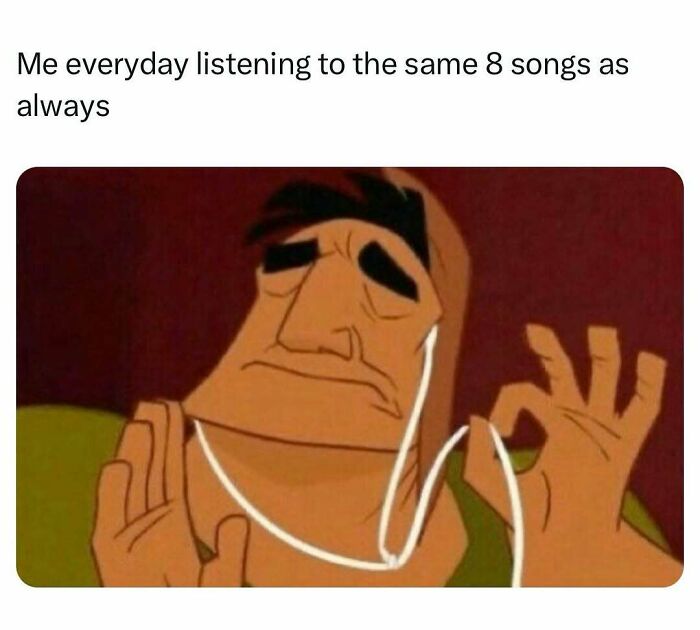 Cartoon man enjoying music with earphones meme about repetitive songs