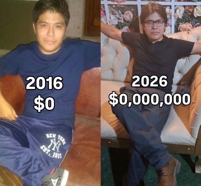 Before and after photo meme showing financial growth over 10 years