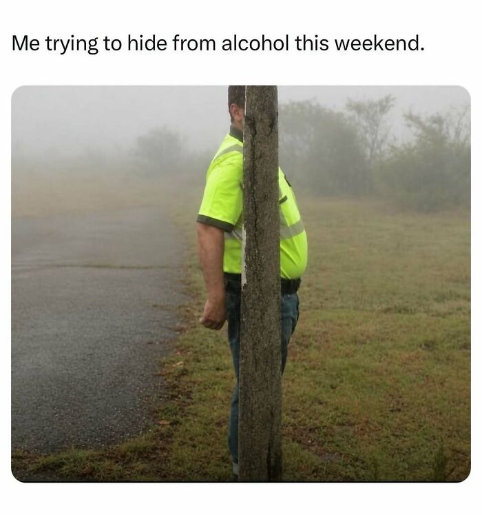 Man hiding behind a slim pole trying to hide from alcohol meme