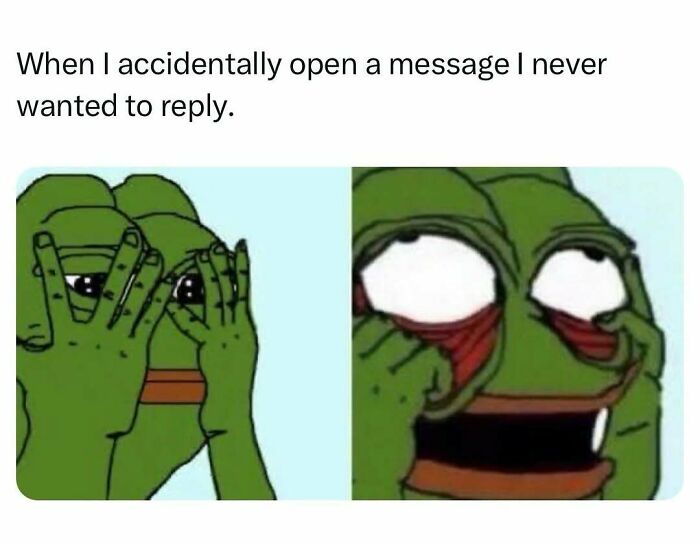 Pepe the Frog meme expressing regret over opening unwanted message
