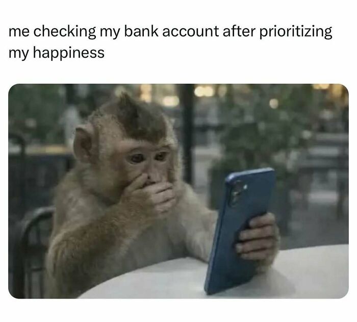 Funny meme about bank account shock with a monkey looking at a phone