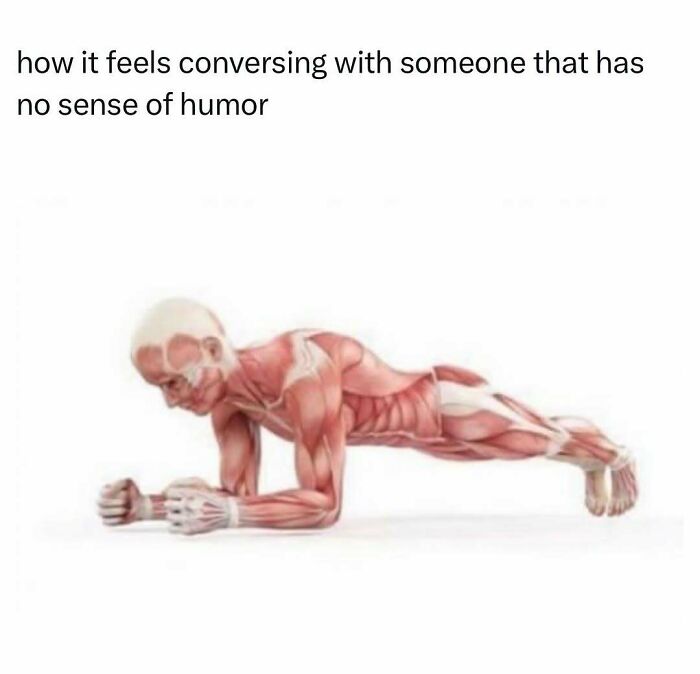 Anatomical figure doing plank illustrating conversations with no humor meme
