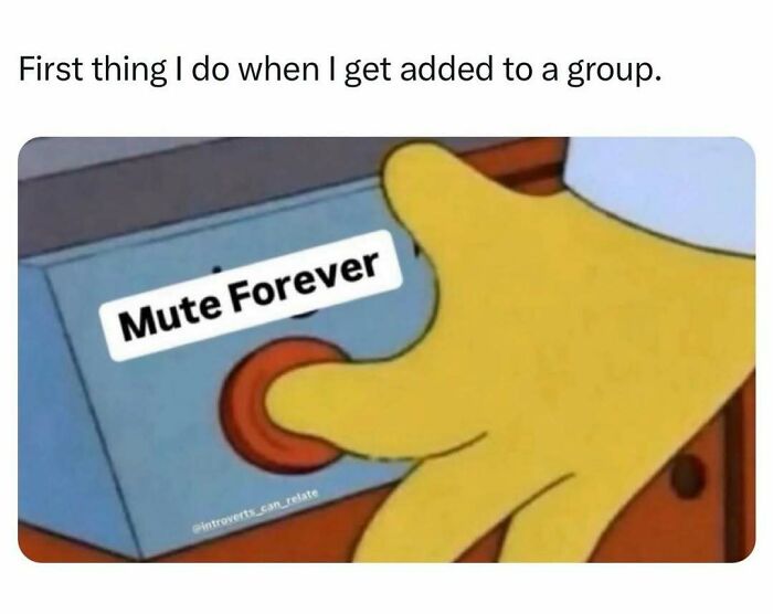 Cartoon hand pressing mute button labeled mute forever meme about group chats