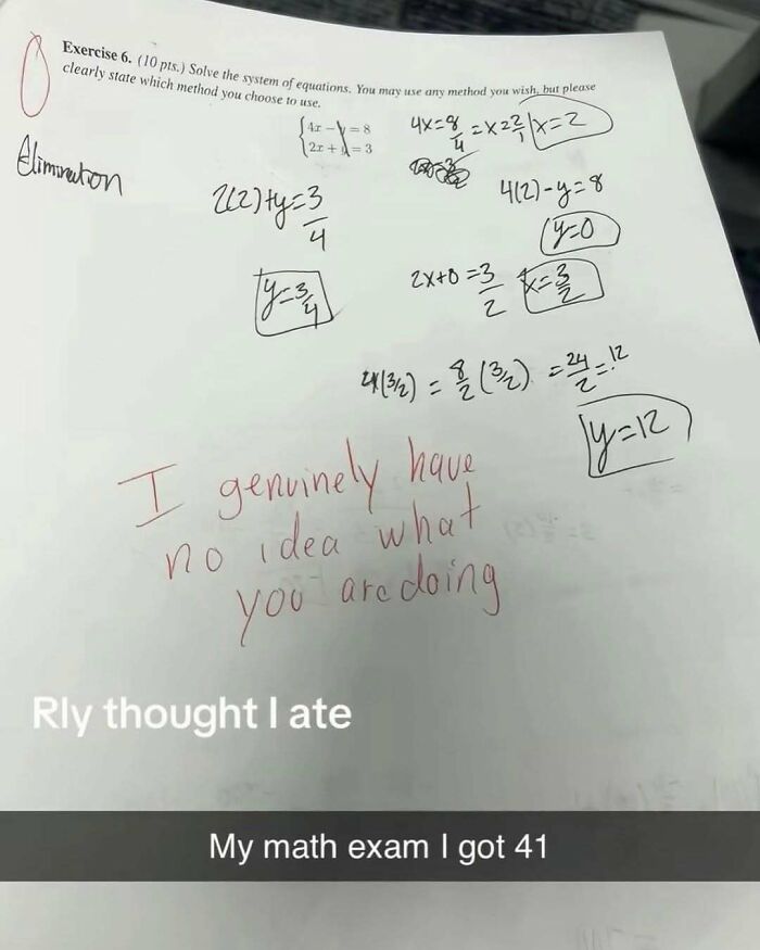 Math exam paper with teacher comment expressing confusion about student's work