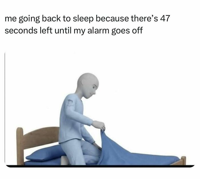 Meme showing going back to sleep before alarm with animated figure