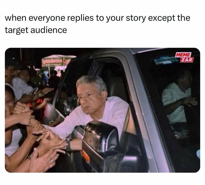 Funny meme showing a man in a car shaking many hands but ignoring the target audience